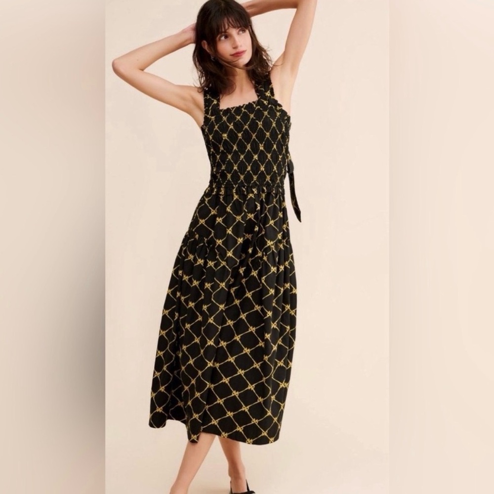 Smocked Black Midi Dress with Yellow Lattice Print